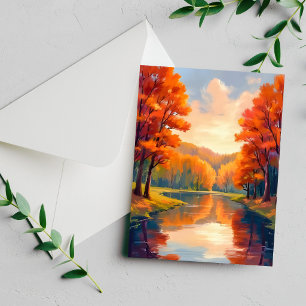Lago de Outono Cartão de Natureza em Aquarela da