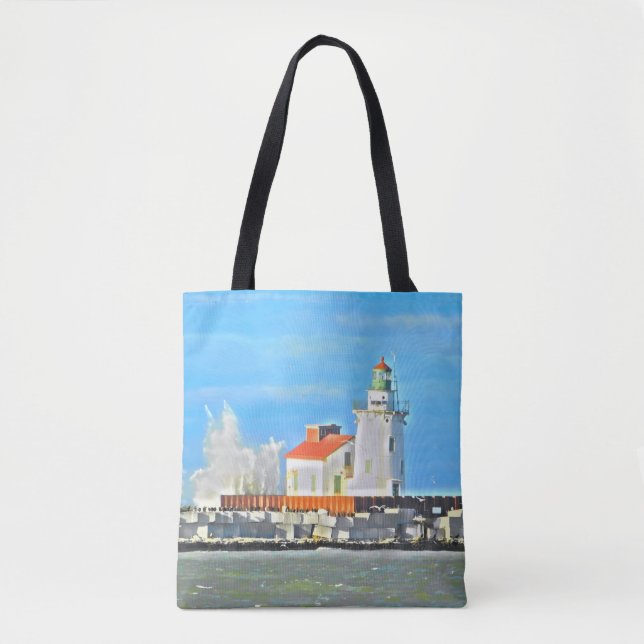 Lago Erie Lighthouse com Wave Tote Bag (Frente)