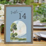 Lago Evergreen Destino Número da Tabela Casada<br><div class="desc">A carta de número da mesa de casamento do Lago Evergreen Watercolor com uma paisagem cênica externa idílica. O número da tabela é editável e exibido em ambos os lados. Paisagem com árvores verdes e verdes, montanhas azuis e um lago ainda sob um céu azul suave. A design está em...</div>