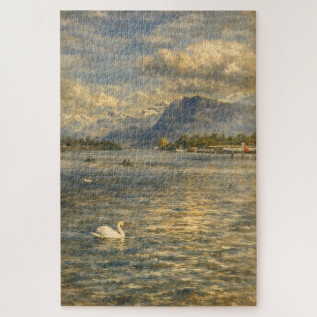 Lago Lucerna Suíça Cisne & Alpes Quebra-Cabeça Art (Vertical)