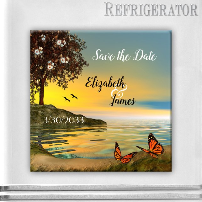 Lago Sunset com Imã salve a data de Borboletas (Save the Date magnet featuring a coastal landscape with a blossoming tree and butterflies at sunset)
