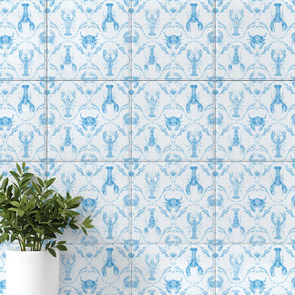 Lagosta e Caranguejos Preppy Costeiros em Azul Cla