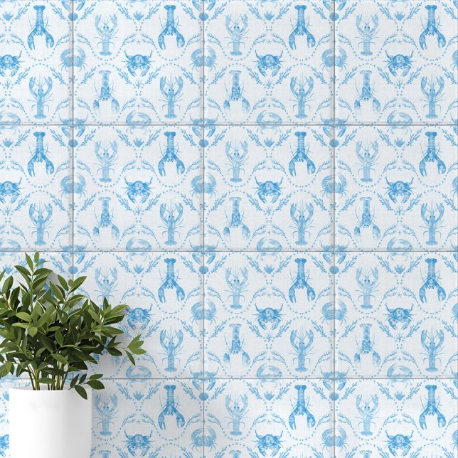Lagosta e Caranguejos Preppy Costeiros em Azul Cla (Coastal Preppy Lobster and Crabs in Light Blue Ceramic Tile)