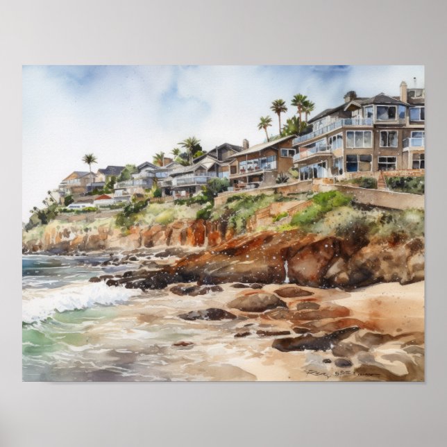 Laguna Beach Watercolor Art Impressão Poster (Frente)