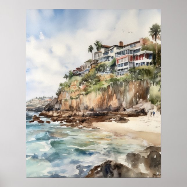 Laguna Beach Watercolor Art Impressão Poster (Frente)