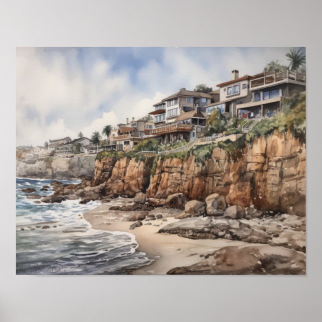 Laguna Beach Watercolor Art Impressão Poster (Frente)