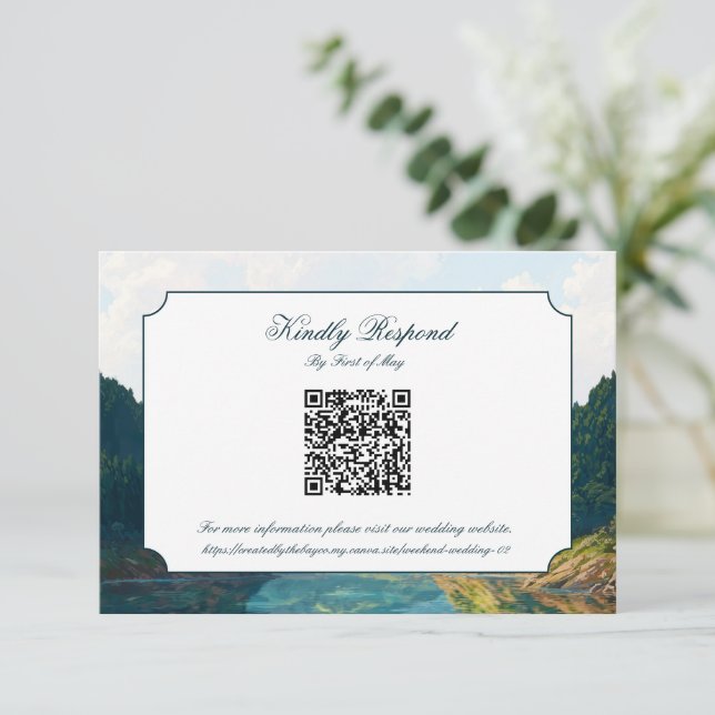 Lakeside Mountain Valley Wedding QR code RSVP Card (Em pé/Frente)