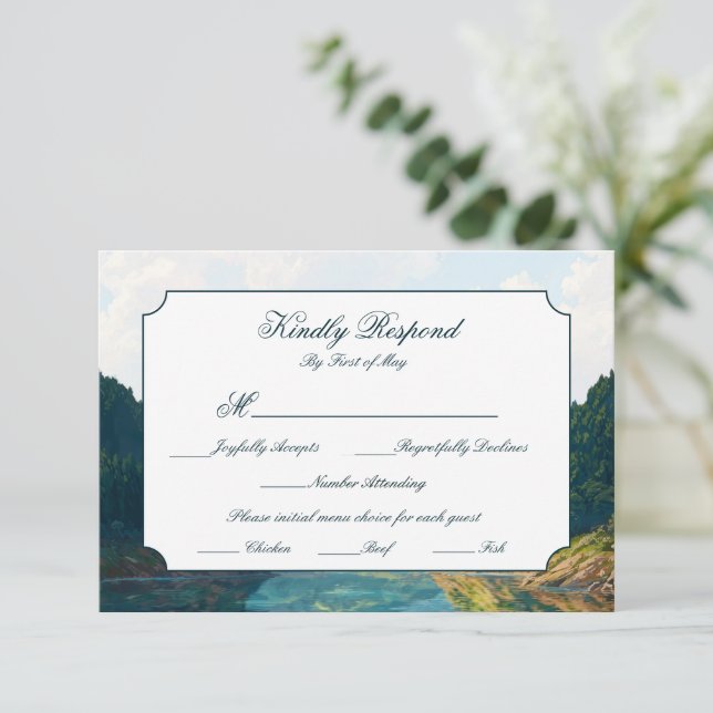 Lakeside Mountain Valley Wedding RSVP Card (Em pé/Frente)