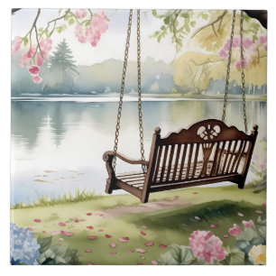 Lakeside Swing em Jardim Romântico de Aquarela