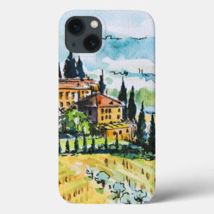 Landscape with town and cypress trees