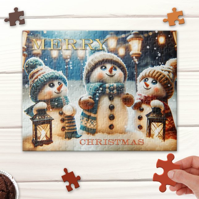 Lanteras Brancas Bonitas Quebra-cabeça de Natal Sn (Whimsical Christmas puzzle featuring cute snowmen watching as tiny snowflakes fall from the sky)