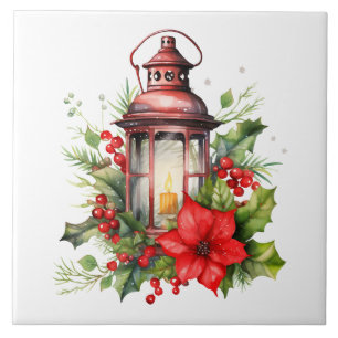 Lanterna de Natal Vermelho Poinsettia e Pinheiro