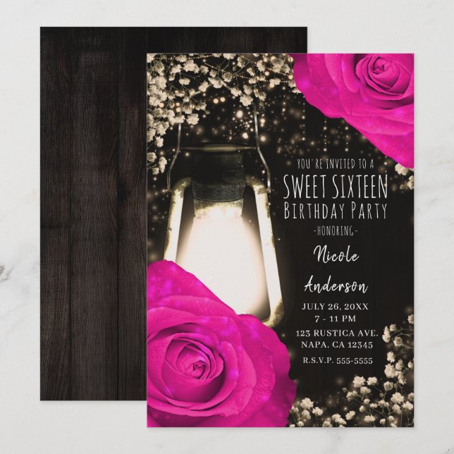 Lanterna Rustic Glow e Convite de Casamento Rosa F (Frente/Verso)
