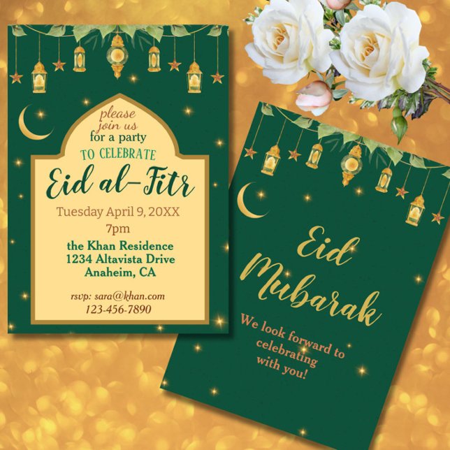Lanternas Douradas Verdes Elegantes Eid Convite de (This elegant Eid invitation in rich green + gold features lanterns, a crescent moon + script font.)