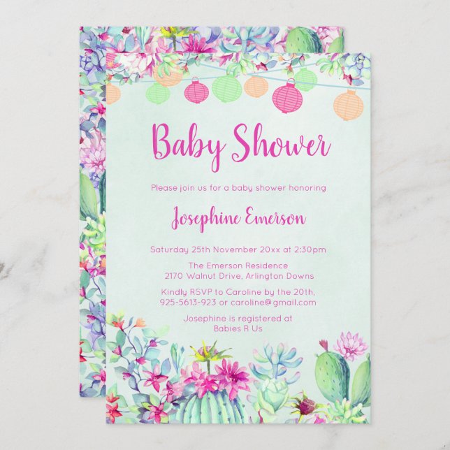 Lanternas e Cactus - Convites para Bebê (Frente/Verso)