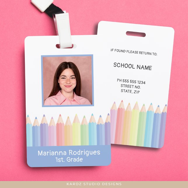 Lápis Arco-íris Personalizados Crachá de Identific (Front and back of employee badge shown. Customize with your photo and school information.)