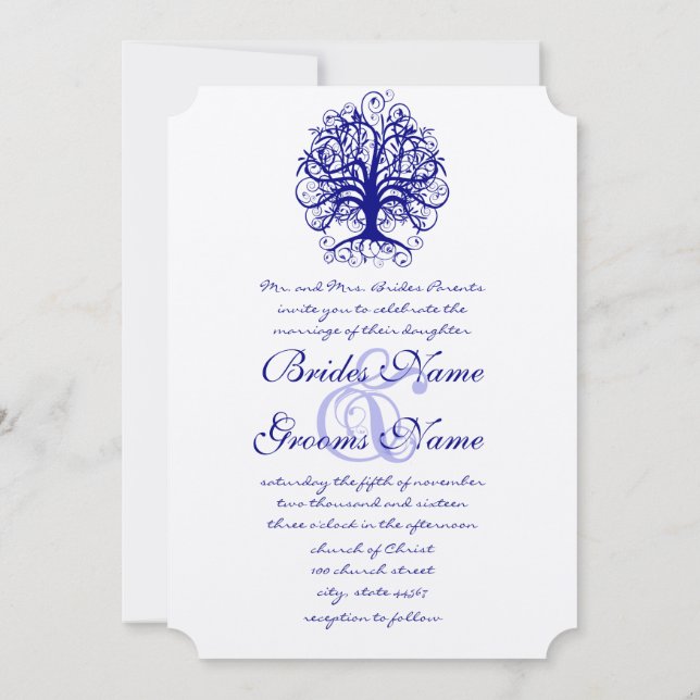 Lapis Blue Romantic Tree Wedtions Convites (Verso)