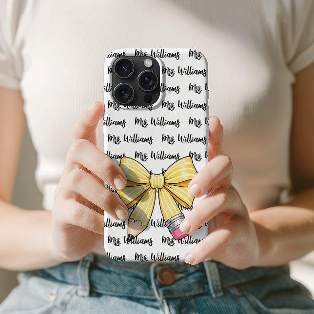 Lápis Escolar Arco Fofo Nome do Professor Volta às (Custom Teacher Name Pencil Bow Pattern iPhone Case | Personalized Teacher Appreciation Phone Cover)