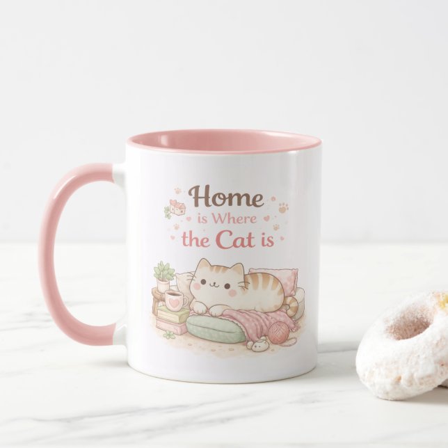 Lar é Onde o Gato Está Fofa Xícara de Café Rosa (Com Donut)