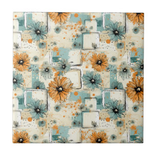 Laranja Azul Botânico Floral Creme Antigo