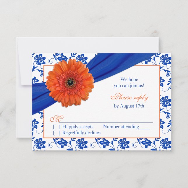 Laranja Cobalt Damask Floral Casamento RSVP Gerber (Frente)