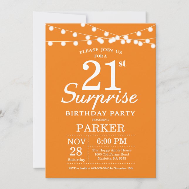 Laranja de Convite de aniversário de 21 anos Surpr (Frente)
