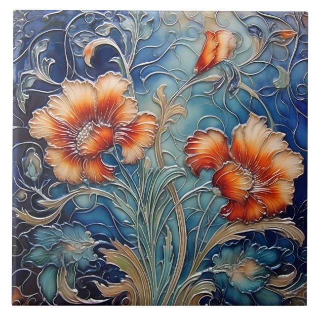 Laranja Escuro e Arte Azul Nouveau Motif Floral (Frente)