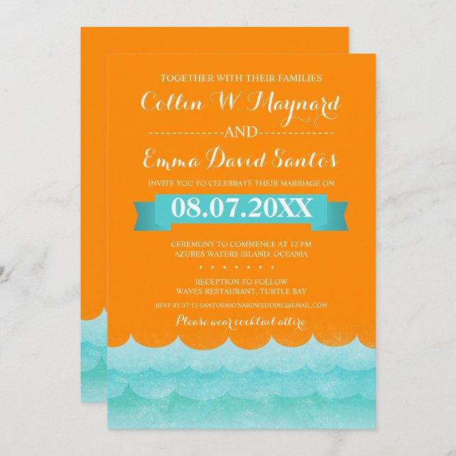 Laranja Nos Convites de casamento Marítimos Náutic (Frente/Verso)