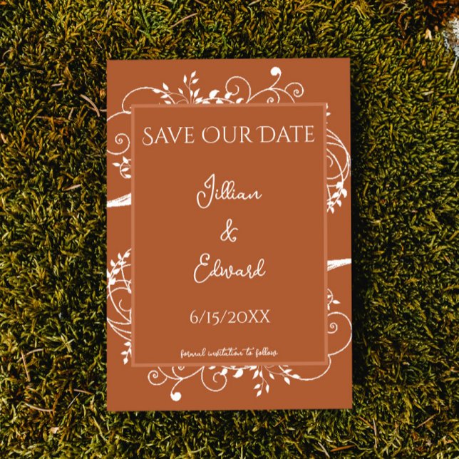Laranja Queimada Farinha Salvar O Anúncio De Data (Burnt Orange Flourish Save the Date Wedding Announcement)