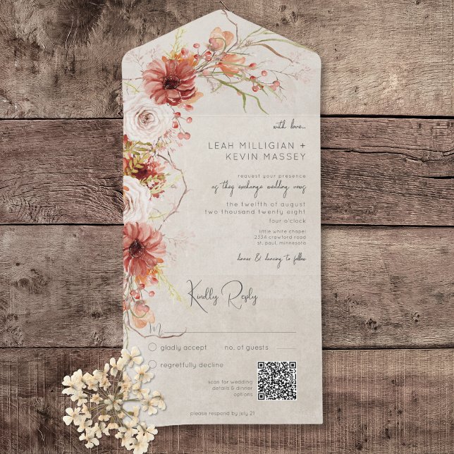 Laranja queimado e Cream Boho Floral Código QR (Burnt Orange & Cream Boho Floral All In One Wedding Invitation with QR Code)