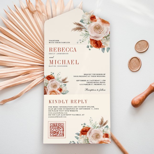 Laranja Queimado Marfim Floral Código QR Casamento (Criador carregado)