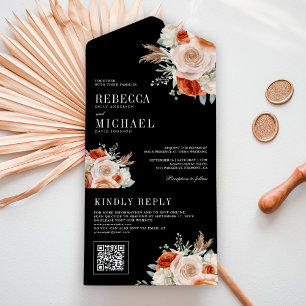 Laranja Queimado Marfim Floral Código QR Casamento
