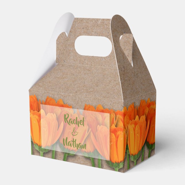 Laranja Tulips Kraft Caixas de Favor Gable (Frente)
