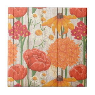 Laranja Vermelho Amarelo Floral Margaridas Brancas