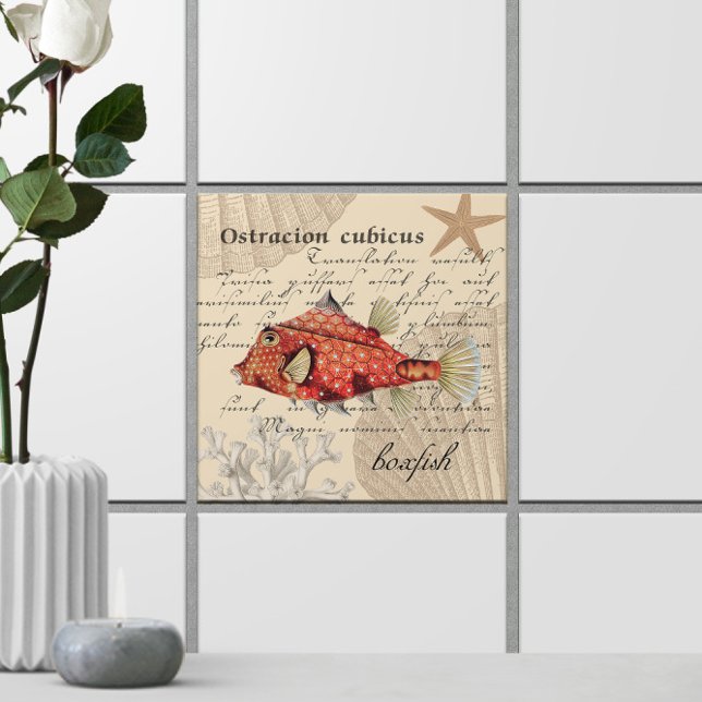 Laranja 🐡 Vintage Náutica (Orange Boxfish Illustration 🐡 Nautical Vintage Ceramic Tile
)