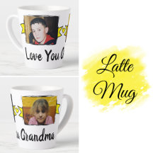 2 fotos caneca de café com leite amarelo eu amo vo