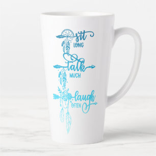 Latte Caneca de café boho azul com Sit, Talk, Laugh, Omb