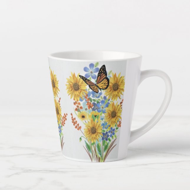 Latte Caneca de Café com Borboleta e Flores Amarelas (Direita)