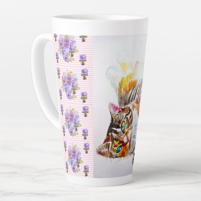Latte Caneca de Café com Gato Tabby Desbotado Rosa Pinta (Ângulo esquerdo)