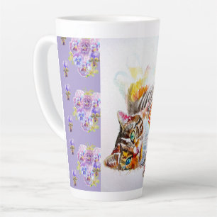 Latte Caneca de Café com Gato Tabby Roxo Pintado à Mão