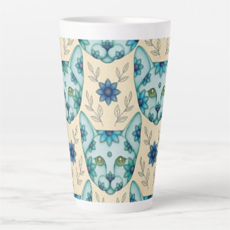 LATTE CANECA DE CAFÉ COM GATOS AZUIS E FLORES