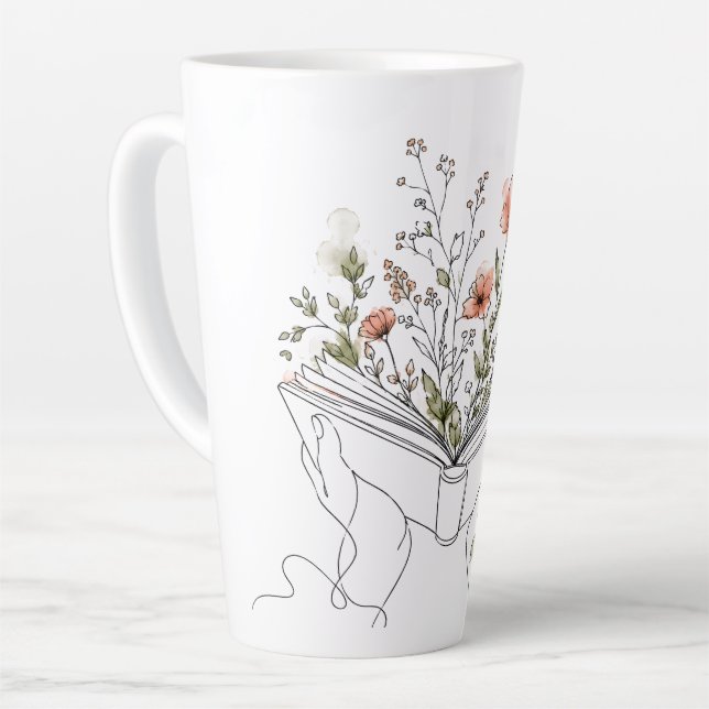 Latte Caneca de Café com Ilustração Botânica em Linha Fi (Ângulo esquerdo)