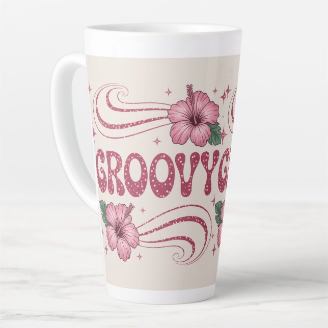 Latte Caneca de Café com Leite Rosa Groovy Retro Hibisco (Ângulo esquerdo)