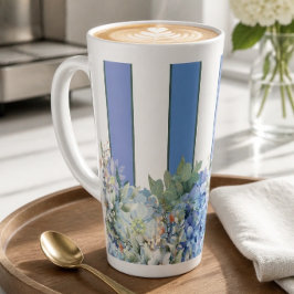 Latte Caneca de Café com Listras Florais e Hortênsia Azu
