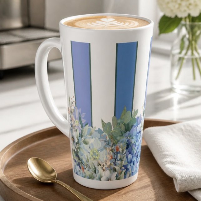 Latte Caneca de Café com Listras Florais e Hortênsia Azu (Criador carregado)