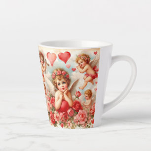 Latte Caneca de Café com Rosas Cor-de-Rosa Corações Anjo