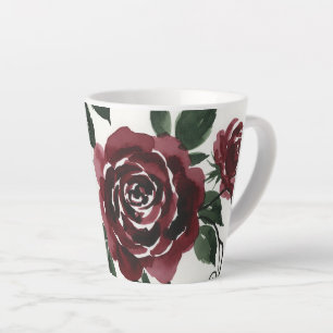 Latte Caneca de Café com Rosas Vermelhas Escuras em Aqua