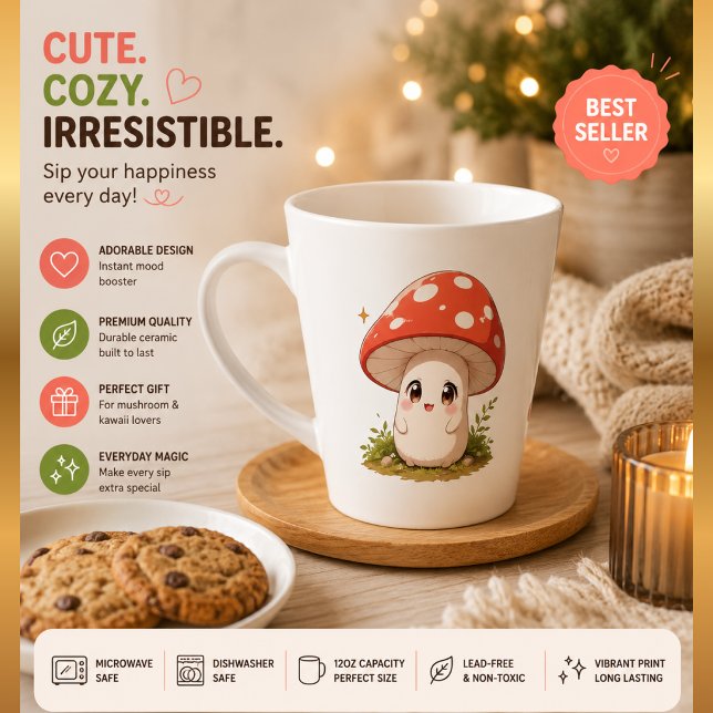 Latte Caneca de Café de Cogumelo Kawaii Fofa – Madeira C (Criador carregado)