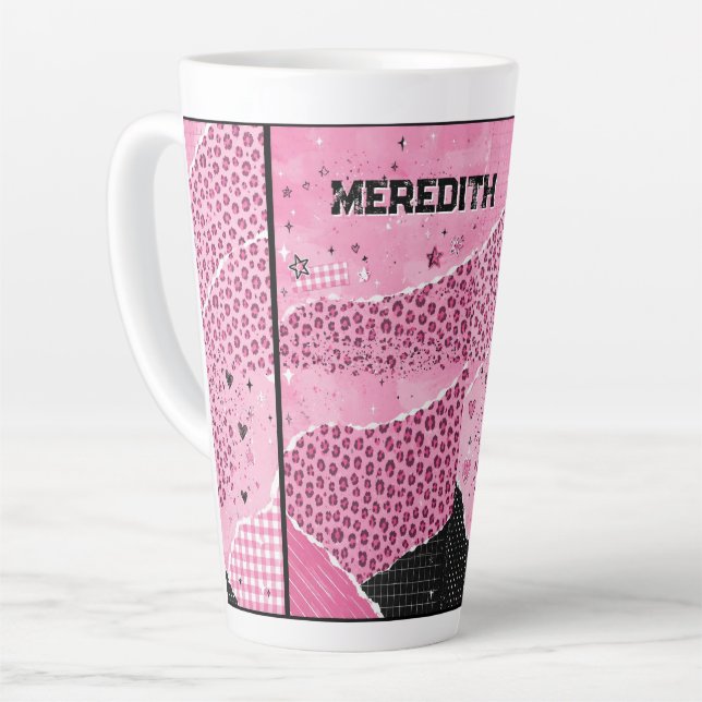 Latte Caneca de Café Personalizada Rosa Colagem Leopardo (Ângulo esquerdo)