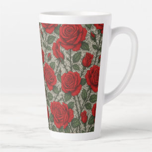 Latte Caneca de café Rosas Vermelhas sobre Renda Branca